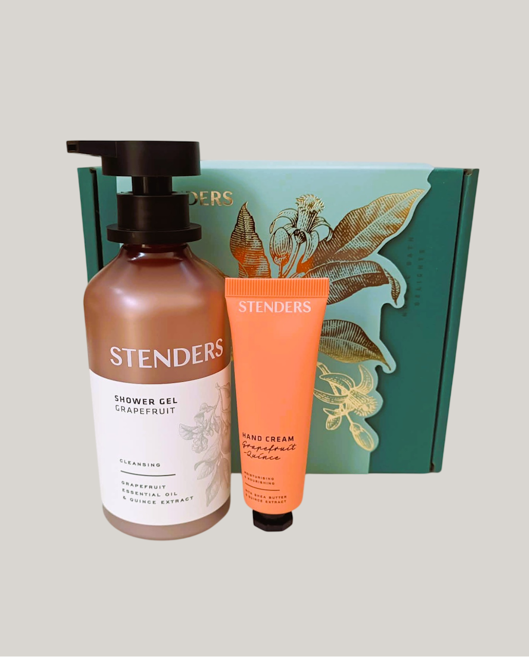 Stenders Grapefruit Duó ajándékcsomag Grapefruit és Birsalma tusfürdővel és shea vajas kézkrémmel, elegáns ajándékdobozban
