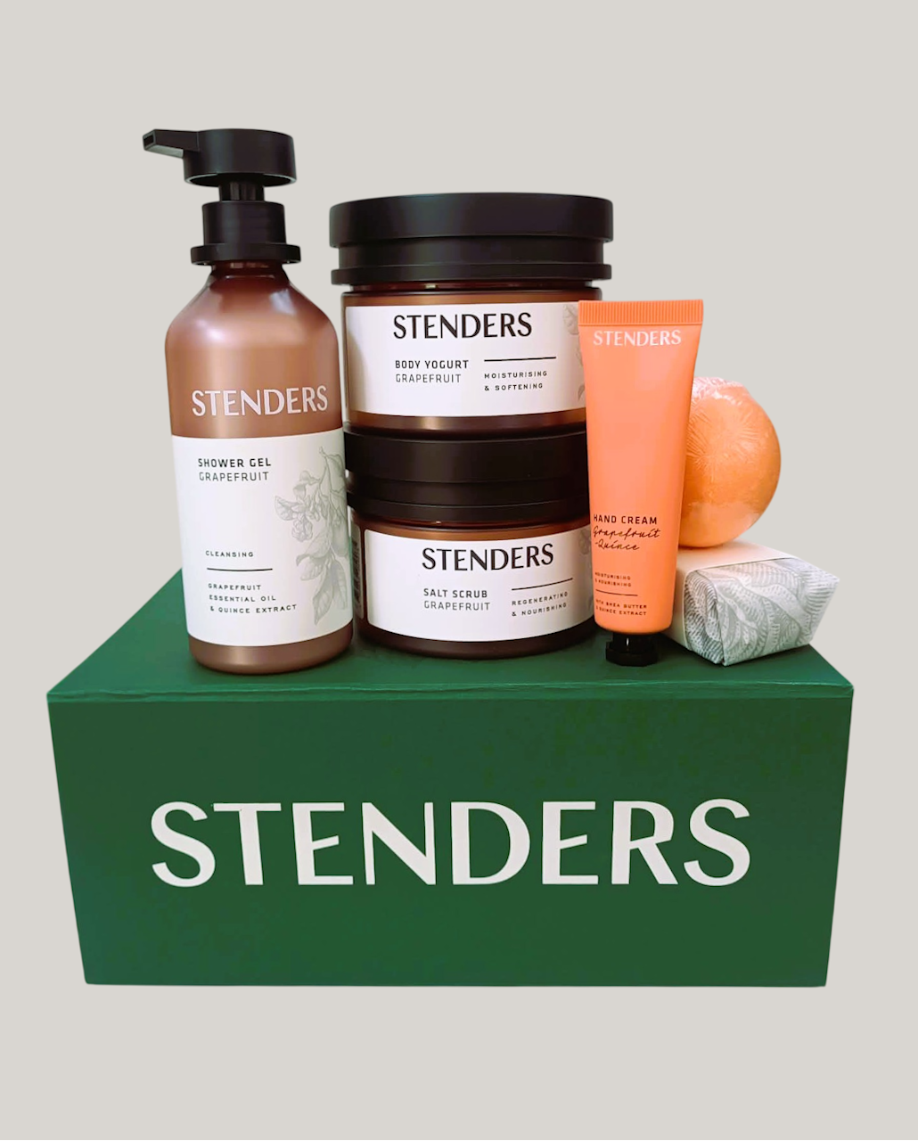 Stenders Grapefruit luxus ajándékcsomag tusfürdővel, testradírral, testjoghurttal, szappannal, fürdőgolyóval és shea vajas kézkrémmel